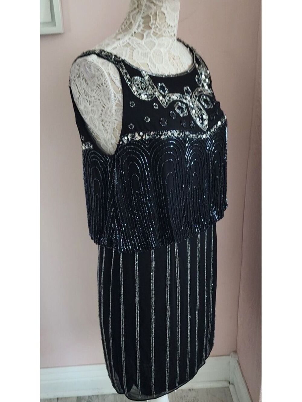 NWT JS Collections Beaded Sequin Fringe Flapper Cocktail Dress 12